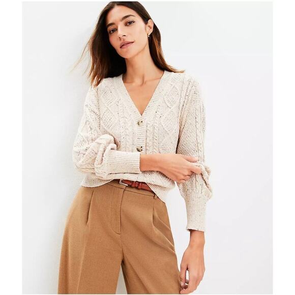 LOFT Cable Knit Button Front Cardigan – Beige Flecked, Size M - Picture 1 of 8